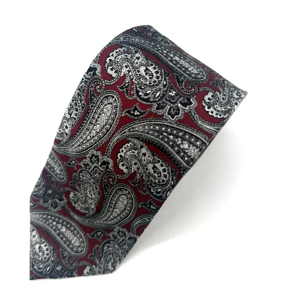 Pronto Uomo Silk Tie Burgundy Red Silver Grey Bold Jacquard Woven Paisley Mens